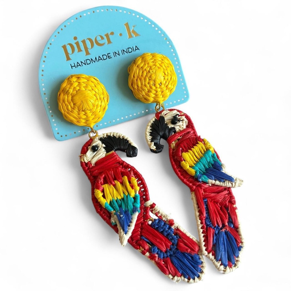 Piper K Handmade Woven Raffia Parrot Earrings Tropical Boho Resortwear Statement